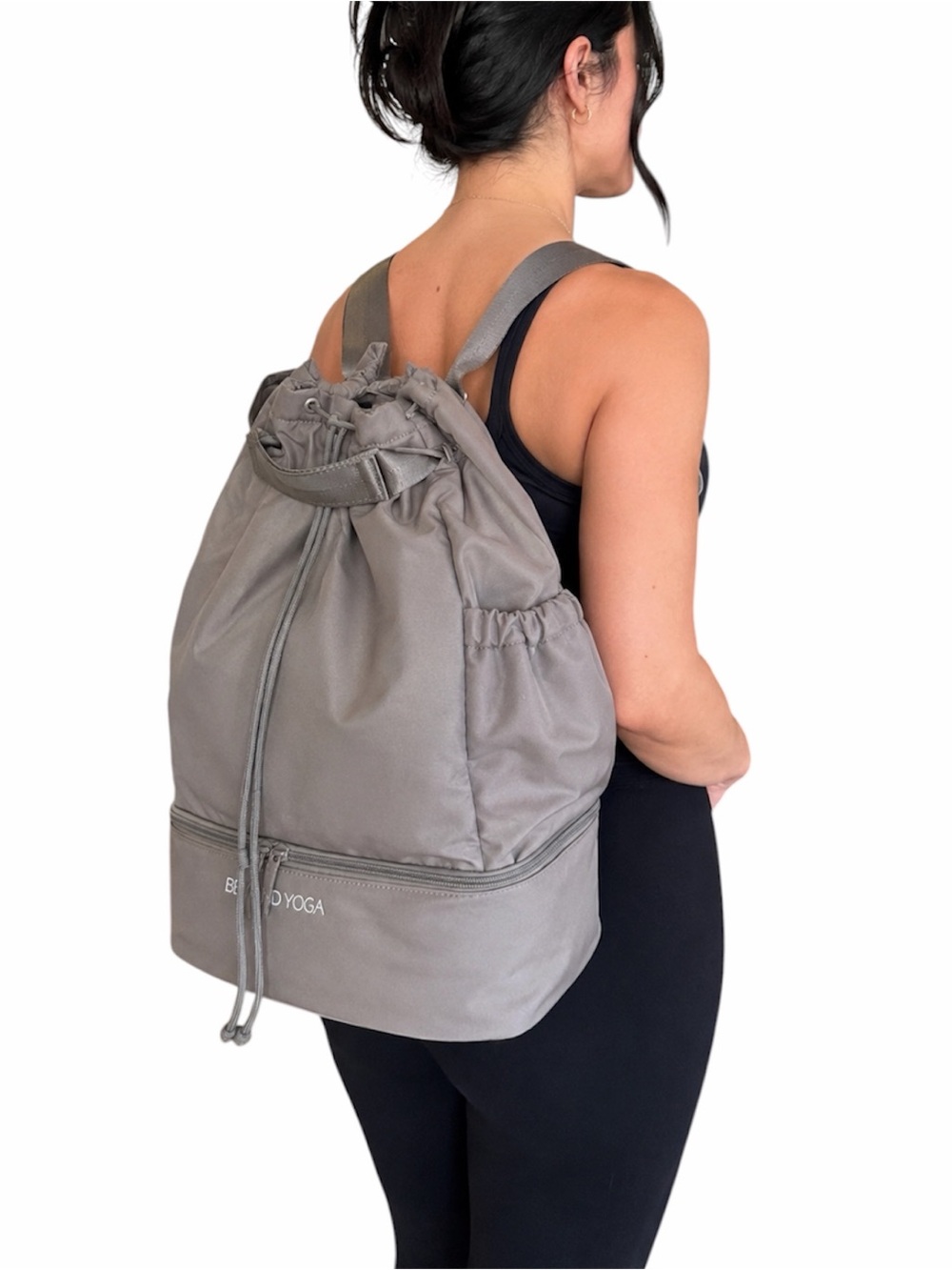 Beyond Yoga Taupe Gray Drawstring Convertible Backpack with Shoe Storage Base